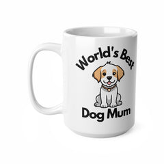 White ceramic mug featuring a cartoon puppy and the phrase “World’s Best Dog Mum” – a cute and thoughtful gift for dog lovers or pet parents.
