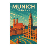 Munich Germany Vintage Travel Poster | Retro Marienplatz & Frauenkirche Wall Art | Bavarian City Decor | Mid-Century Style Print
