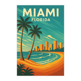 Miami Florida Vintage Travel Poster | Retro Palm Trees & Beach Skyline Wall Art | Tropical City Decor | Mid-Century Style Illustration