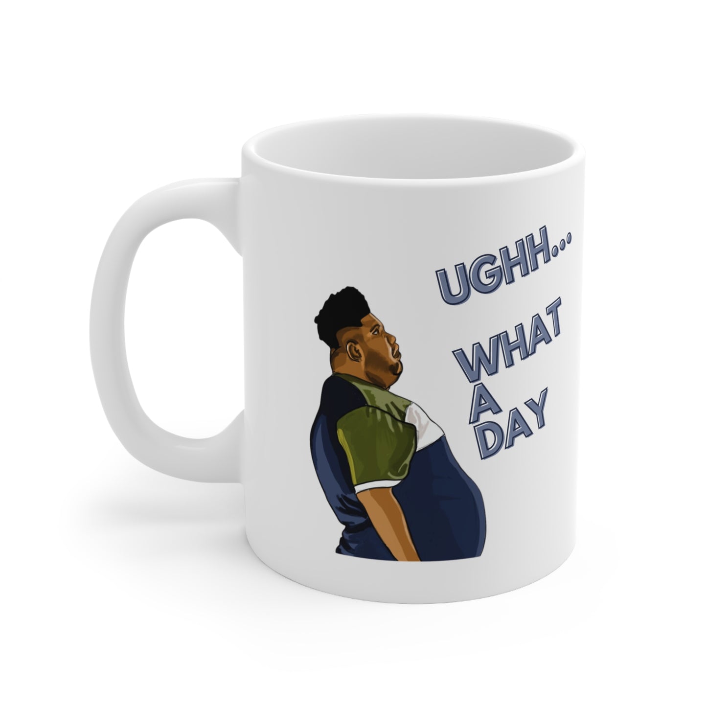 White ceramic mug featuring a cartoon-style image of Harvey Price and the text “Ughh… What a Day” – a funny, meme-inspired coffee mug.