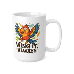 Funny Parrot Mug - "Wing It Always" Cartoon Coffee Cup | Secret Santa Gift, Christmas Present, Colourful Bird Mug for Him or Her