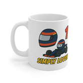 White ceramic mug featuring cartoon-style navy and orange F1 car and helmet, the number 1, and the phrase “Simply Lovely” – inspired by Max Verstappen.