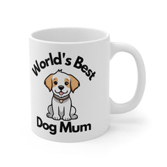 White ceramic mug featuring a cartoon puppy and the phrase “World’s Best Dog Mum” – a cute and thoughtful gift for dog lovers or pet parents.