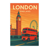 London England Vintage Travel Poster | Retro Big Ben and Red Bus Wall Art | UK City Print for Home & Office
