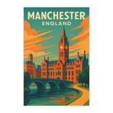 Manchester England Vintage Travel Poster | Retro Town Hall & Canal Scene Art Print | Northern UK Wall Decor
