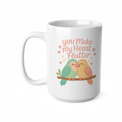 Cute Lovebirds Mug - You Make My Heart Flutter Romantic Coffee Cup | Valentines Day Gift, Anniversary Present, Christmas Secret Santa Mug