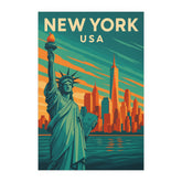 New York USA Retro Travel Poster | Vintage Skyline and Statue of Liberty Art | NYC Wall Print for Home & Office