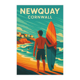 Newquay Cornwall Vintage Travel Poster | Retro Surfer & Beach Wall Art Print | Coastal Surf Decor | Mid-Century Style Illustration