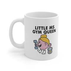 White mug with a cartoon character lifting weights, captioned "Little Ms Gym Queen" – a fun gift for gym lovers and fitness girls.