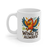 Funny Parrot Mug - "Wing It Always" Cartoon Coffee Cup | Secret Santa Gift, Christmas Present, Colourful Bird Mug for Him or Her