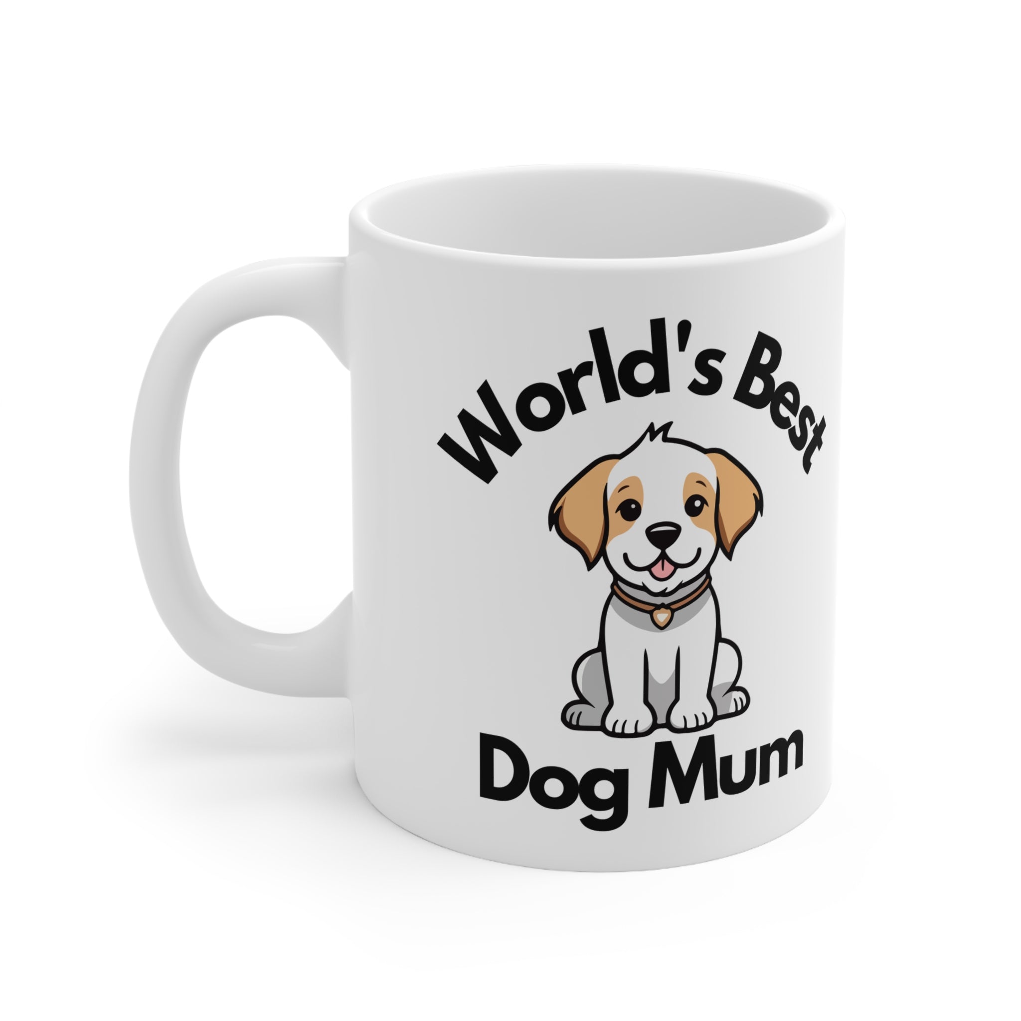 White ceramic mug featuring a cartoon puppy and the phrase “World’s Best Dog Mum” – a cute and thoughtful gift for dog lovers or pet parents.