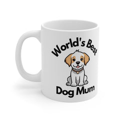 White ceramic mug featuring a cartoon puppy and the phrase “World’s Best Dog Mum” – a cute and thoughtful gift for dog lovers or pet parents.