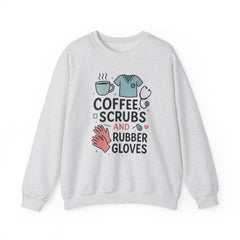 Funny Nurse Christmas Sweatshirt - "Coffee, Scrubs and Rubber Gloves" Jumper - Secret Santa Gift for Nurses, Healthcare Worker Xmas Sweater