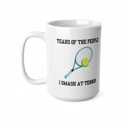White ceramic mug with a tennis racket and ball illustration and the text “Tears of the People I Smash at Tennis” – funny mug for tennis players.