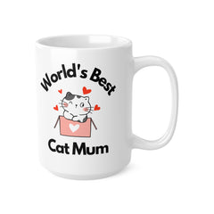 White ceramic mug with the phrase “World’s Best Cat Mum” and a cartoon cat in a pink box with hearts – a cute gift for cat lovers or pet mums.