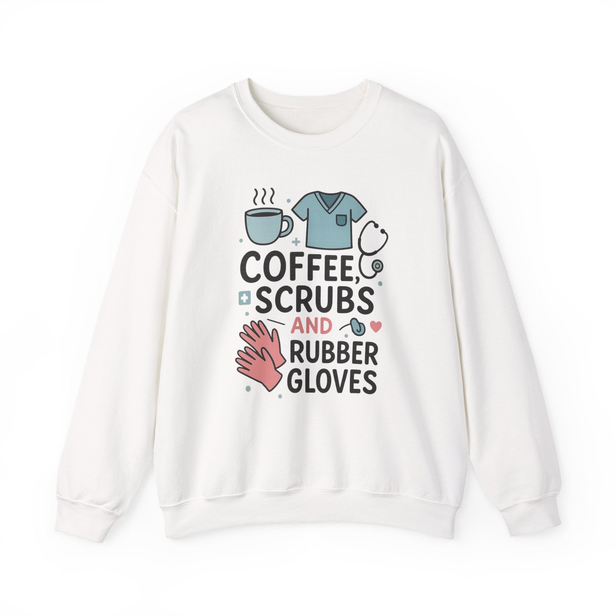 Funny Nurse Christmas Sweatshirt - "Coffee, Scrubs and Rubber Gloves" Jumper - Secret Santa Gift for Nurses, Healthcare Worker Xmas Sweater