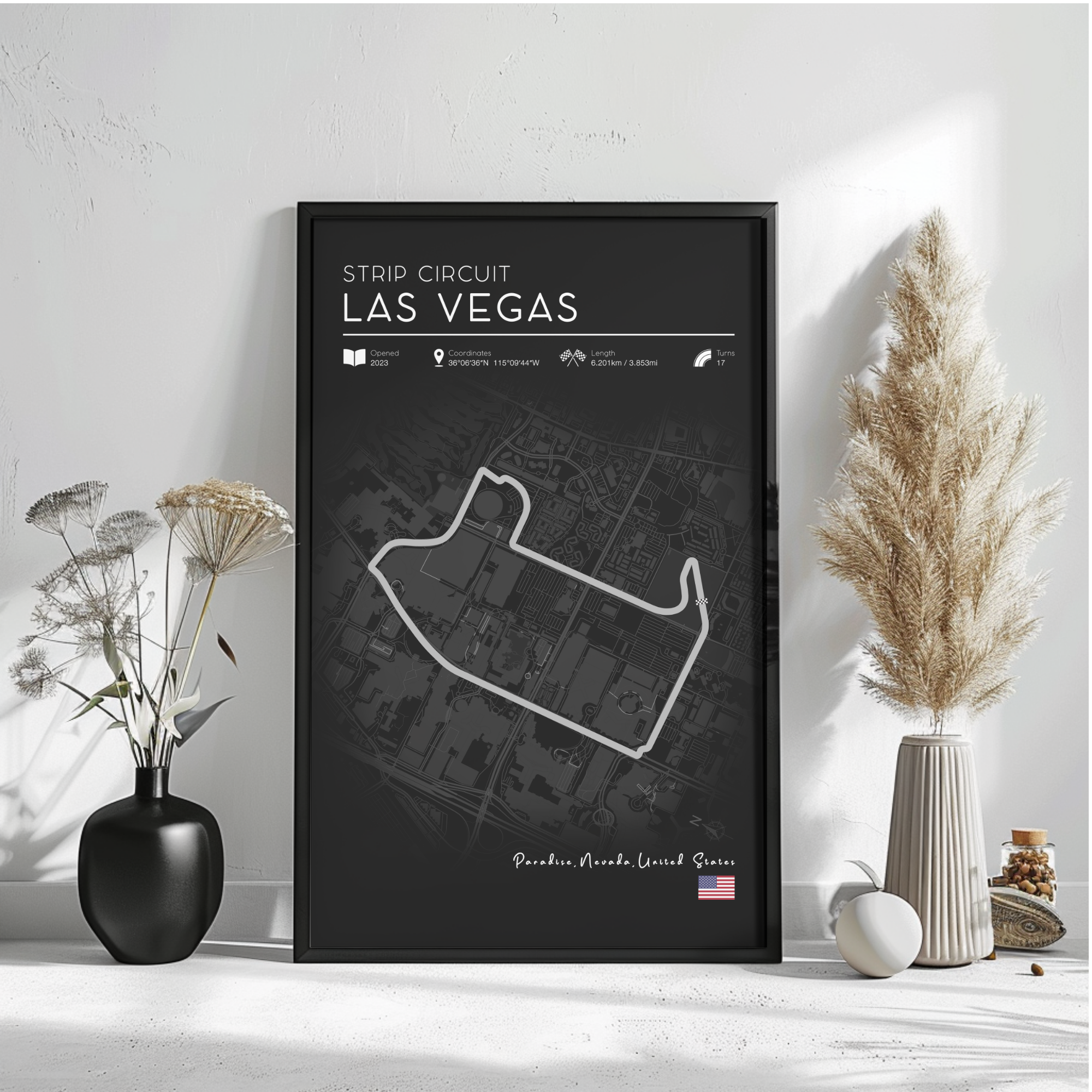 A framed poster of the Strip Circuit in Las Vegas, featuring a map of the circuit and various details about the circuit.
