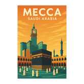 Mecca Saudi Arabia Vintage Travel Poster | Retro Kaaba & Clock Tower Wall Art | Islamic Landmark Decor | Mid-Century Style Print