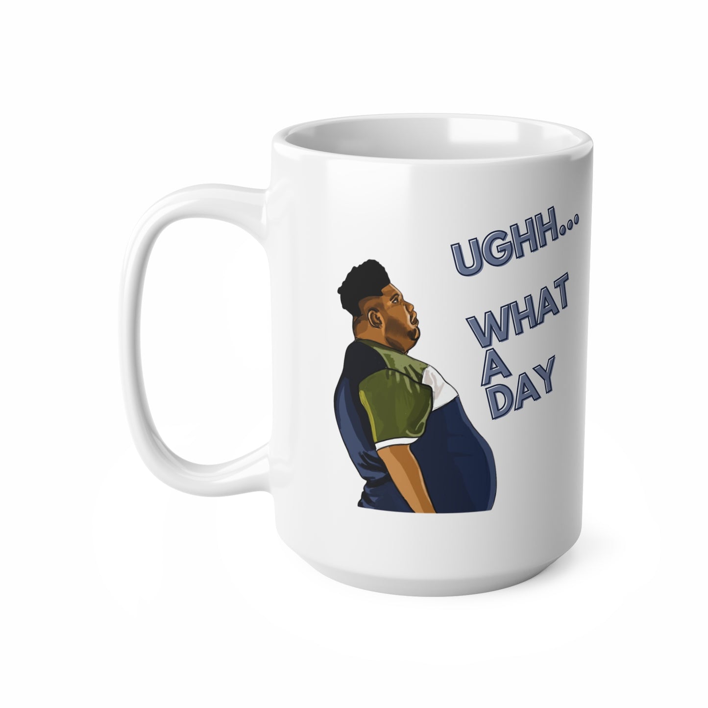 White ceramic mug featuring a cartoon-style image of Harvey Price and the text “Ughh… What a Day” – a funny, meme-inspired coffee mug.