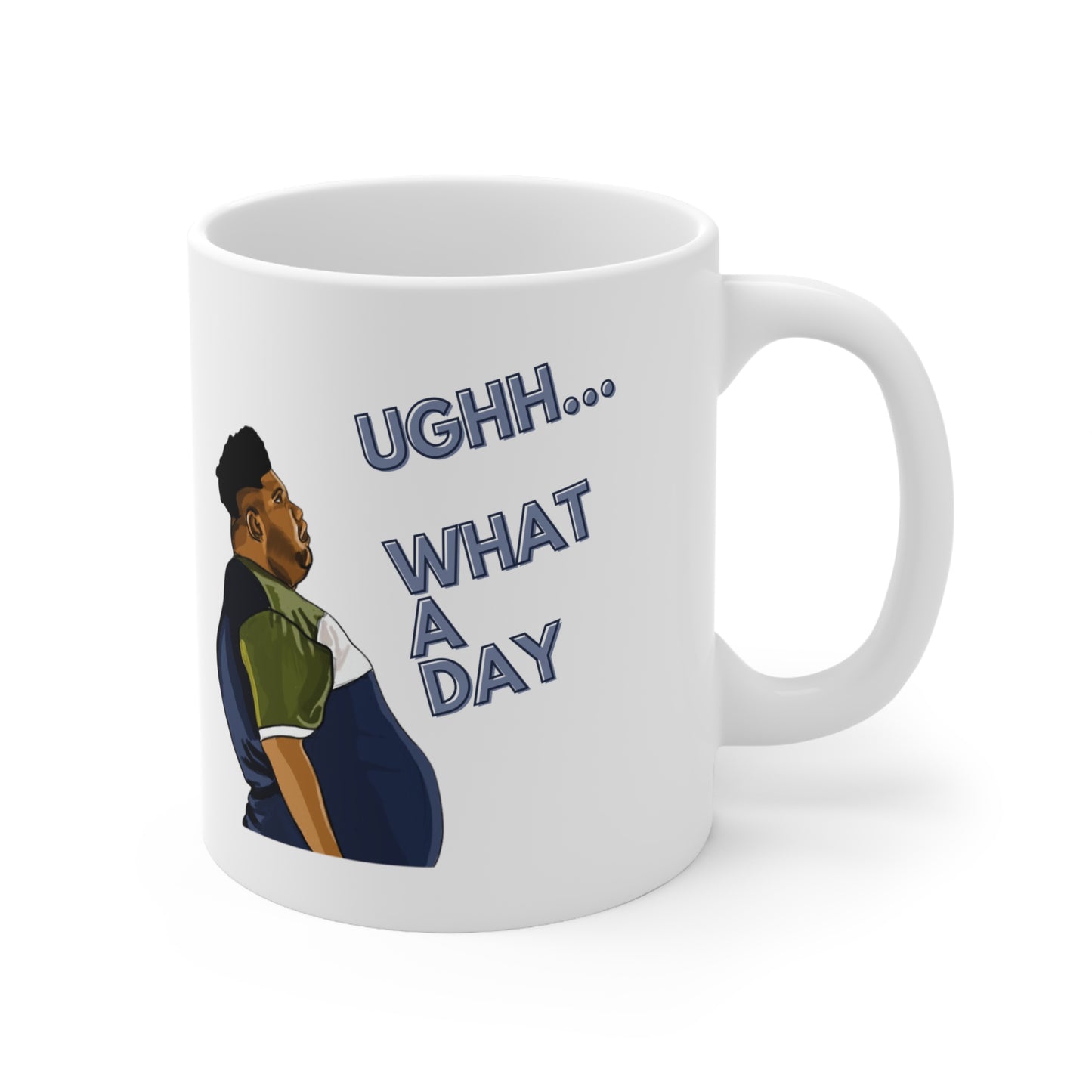 White ceramic mug featuring a cartoon-style image of Harvey Price and the text “Ughh… What a Day” – a funny, meme-inspired coffee mug.