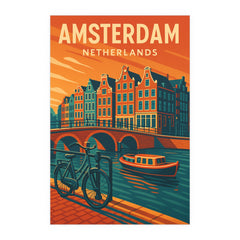 Amsterdam Netherlands Vintage Travel Poster | Retro Canal Bike Scene Wall Art | European City Print