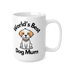 White ceramic mug featuring a cartoon puppy and the phrase “World’s Best Dog Mum” – a cute and thoughtful gift for dog lovers or pet parents.