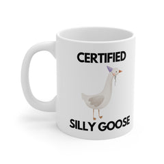 White ceramic mug with an illustrated goose wearing a party hat and the phrase “Certified Silly Goose” – a funny, quirky mug gift for friends or coworkers.