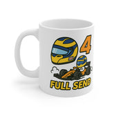 White ceramic mug featuring a cartoon orange F1 car, driver in a yellow/blue helmet with Union Jack, the number 4, and the text “Full Send” – inspired by Lando Norris.