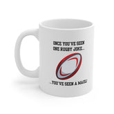 White ceramic mug with a red and black rugby ball and the joke “Once you’ve seen one rugby joke… you’ve seen a maul!” – funny gift for rugby fans.
