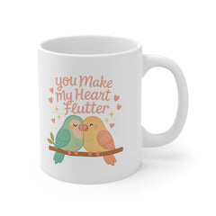 Cute Lovebirds Mug - You Make My Heart Flutter Romantic Coffee Cup | Valentines Day Gift, Anniversary Present, Christmas Secret Santa Mug