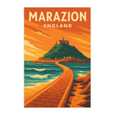 Marazion England Vintage Travel Poster | St Michaels Mount Wall Art | Retro Coastal Cornwall Print