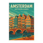 Amsterdam Netherlands Vintage Travel Poster | Retro Canal Houses & Bicycle Wall Art | Dutch City Decor | Mid-Century Style Print