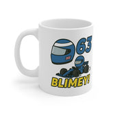 White ceramic mug featuring cartoon F1 car, driver helmet with Union Jack, the number 63, and the word “Blimey!” – inspired by George Russell and Mercedes F1.