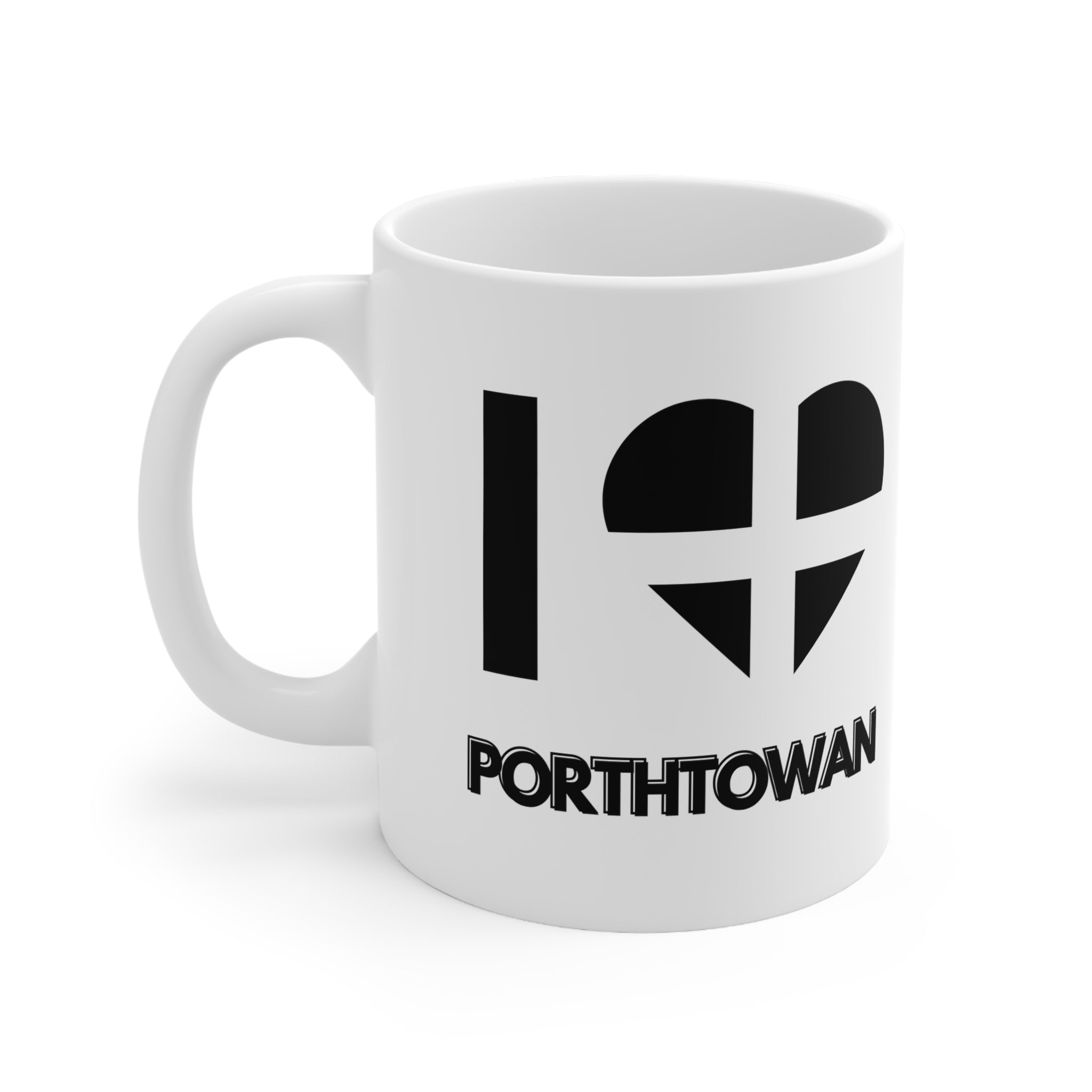 White ceramic mug with the text “I ❤️ Porthtowan” featuring a heart made from the Cornish flag – a Cornwall souvenir mug for lovers of Porthtowan Beach.