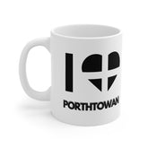 White ceramic mug with the text “I ❤️ Porthtowan” featuring a heart made from the Cornish flag – a Cornwall souvenir mug for lovers of Porthtowan Beach.