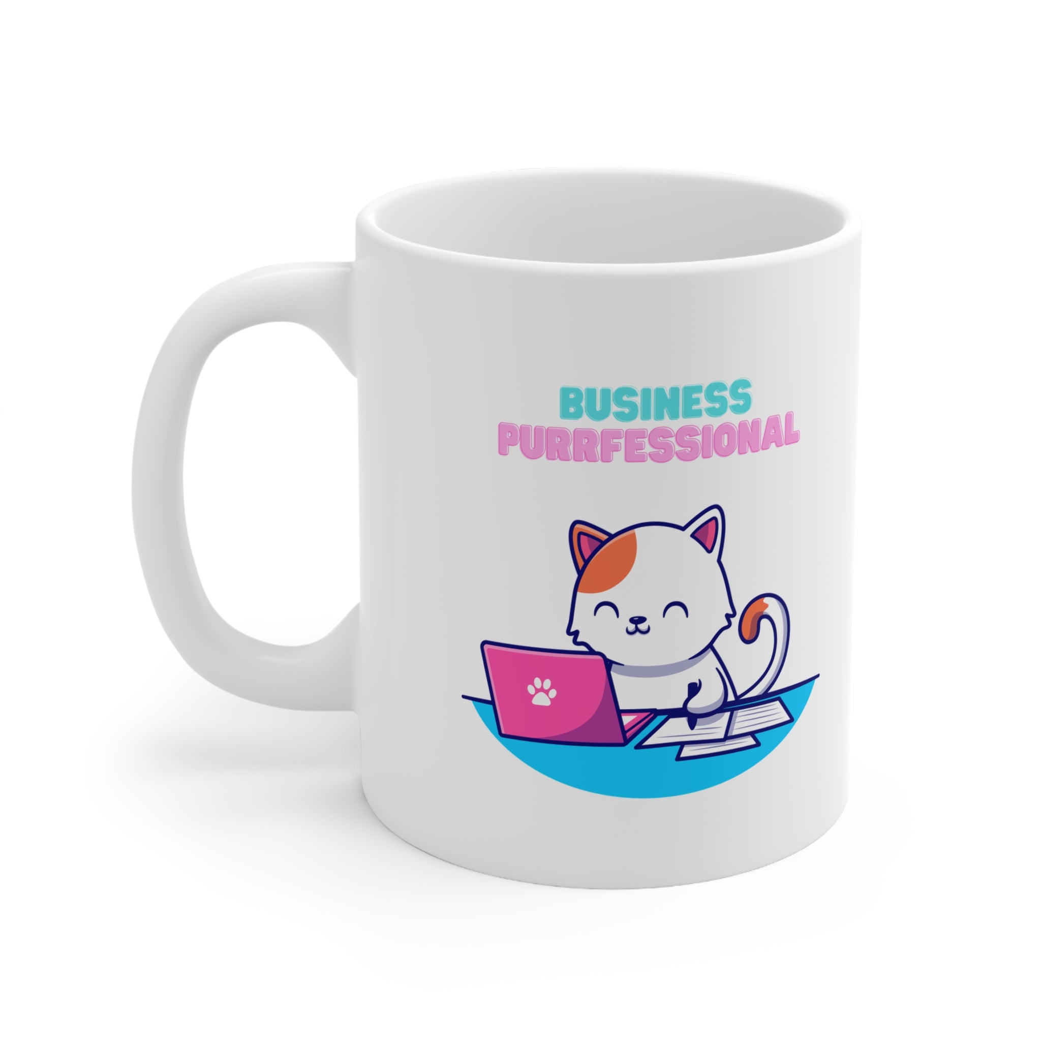 White ceramic mug with a cartoon cat at a laptop and the text “Business Purrfessional” – a funny gift mug for cat lovers and office coworkers.