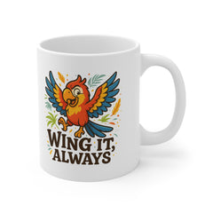 Funny Parrot Mug - "Wing It Always" Cartoon Coffee Cup | Secret Santa Gift, Christmas Present, Colourful Bird Mug for Him or Her
