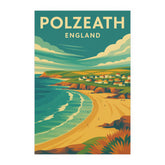 Poster of Polzeath, England with a beach and coastal village.