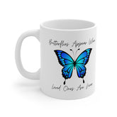 White ceramic mug featuring a blue butterfly and the quote “Butterflies appear when loved ones are near” – a sentimental memorial or sympathy gift.