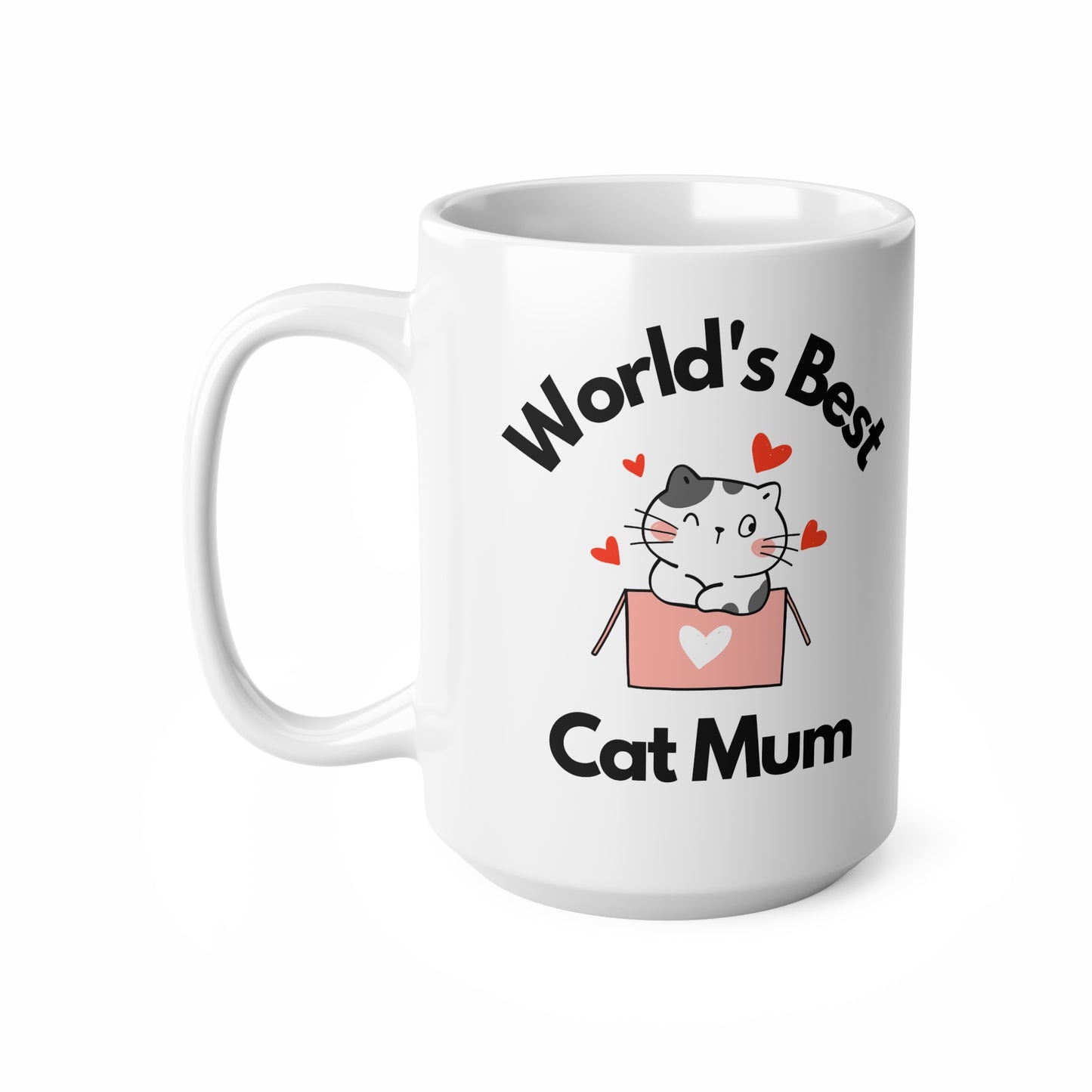 White ceramic mug with the phrase “World’s Best Cat Mum” and a cartoon cat in a pink box with hearts – a cute gift for cat lovers or pet mums.