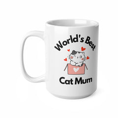 White ceramic mug with the phrase “World’s Best Cat Mum” and a cartoon cat in a pink box with hearts – a cute gift for cat lovers or pet mums.