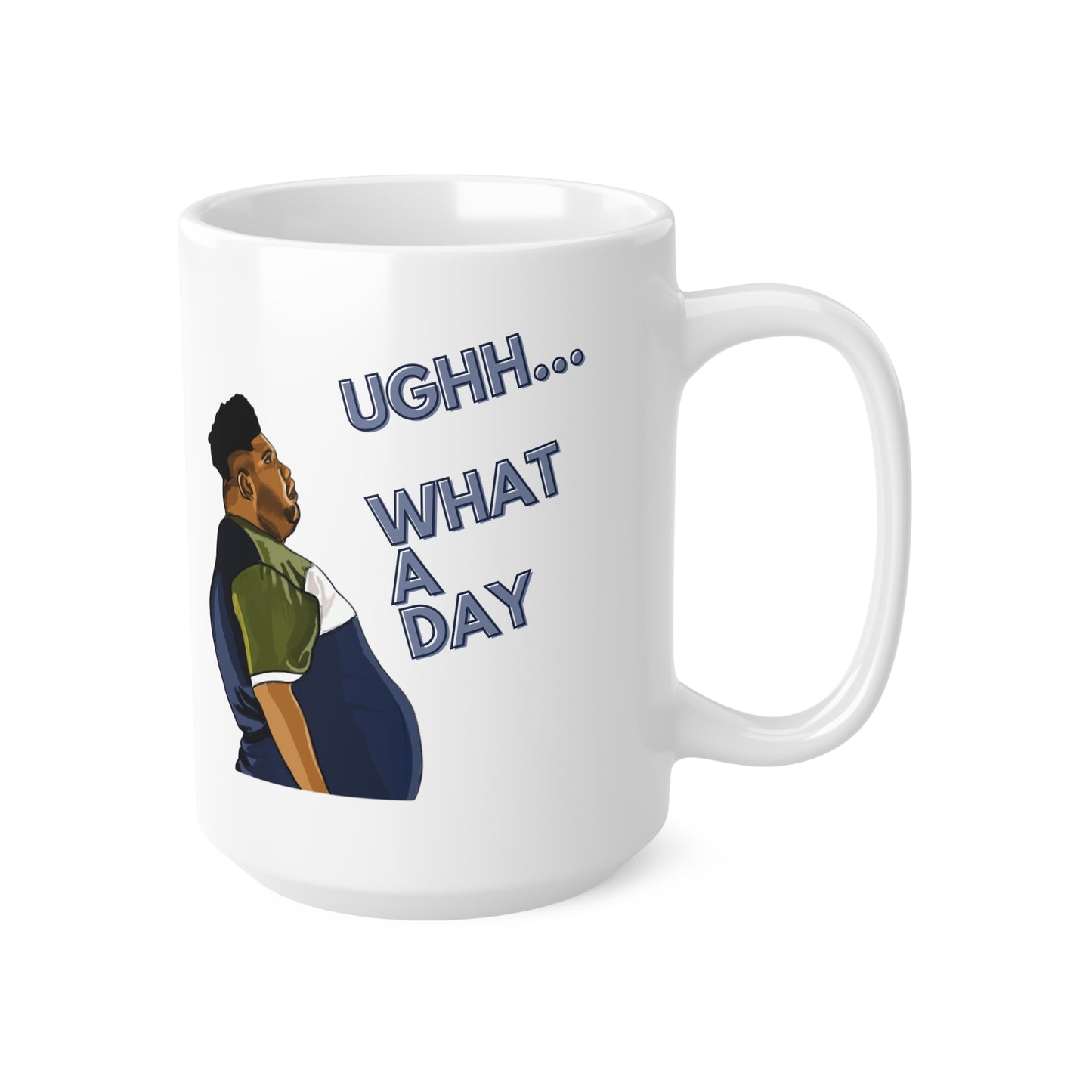 White ceramic mug featuring a cartoon-style image of Harvey Price and the text “Ughh… What a Day” – a funny, meme-inspired coffee mug.