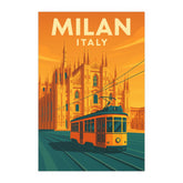 Milan Italy Vintage Travel Poster | Retro Duomo Cathedral & Tram Wall Art Print | Italian City Decor | Mid-Century Style Illustration
