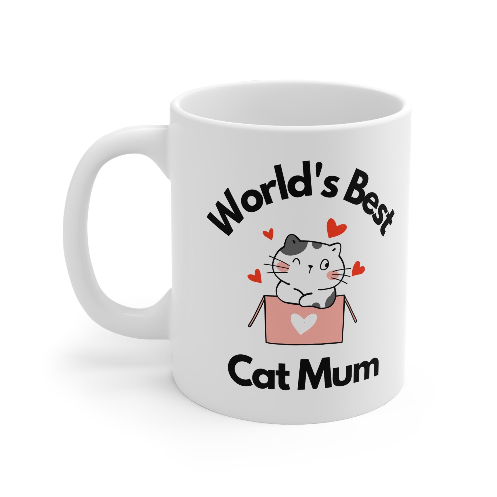White ceramic mug with the phrase “World’s Best Cat Mum” and a cartoon cat in a pink box with hearts – a cute gift for cat lovers or pet mums.