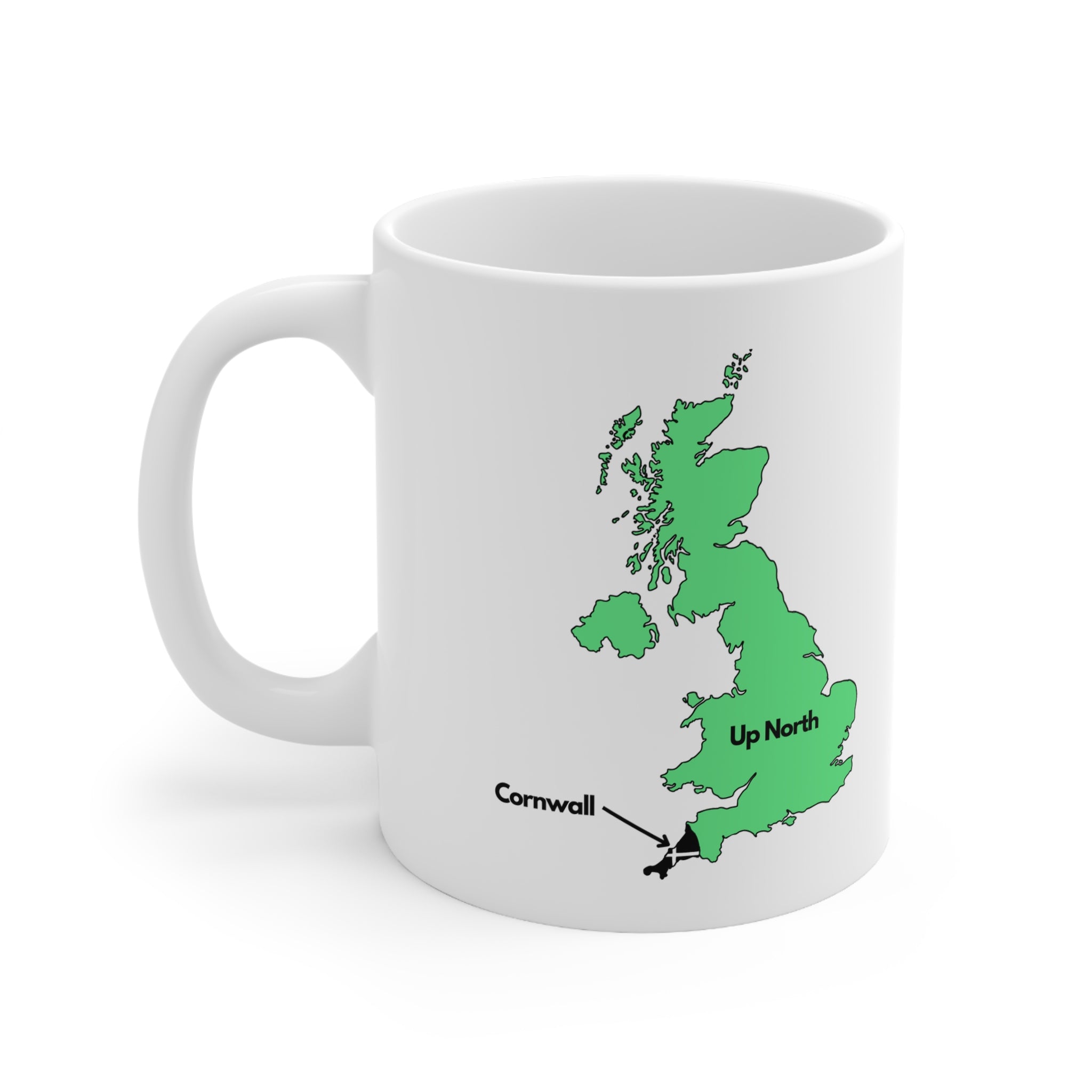 White mug with a green map of the UK labelled “Cornwall” in the southwest and “Up North” for the rest of the country, a humorous gift for Cornish fans.