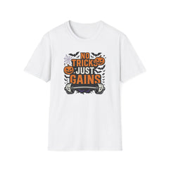 Funny Halloween Gym T-Shirt - "No Tricks Just Gains" Fitness Tee - Spooky Halloween Gift for Gym Lovers, Weightlifters & Bodybuilders