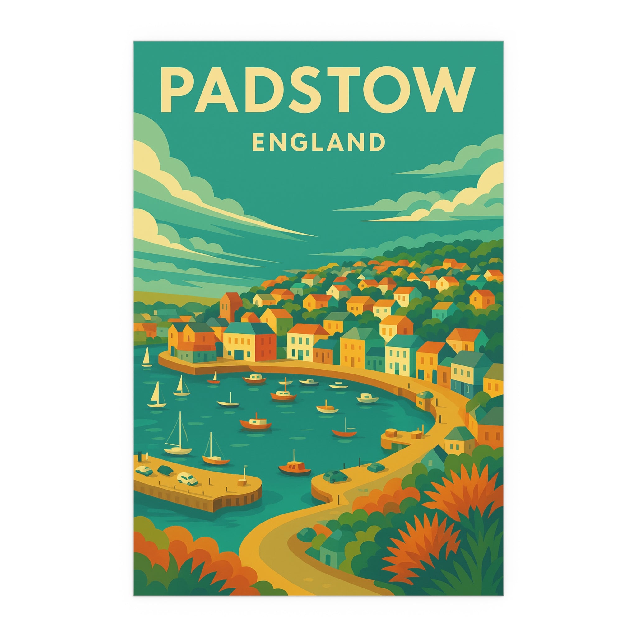 Illustration of Padstow, England with a coastal scene and colorful houses.
