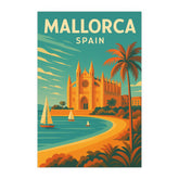 Mallorca Spain Vintage Travel Poster | Retro La Seu Cathedral & Sailboats Wall Art | Mediterranean Island Decor | Mid-Century Style