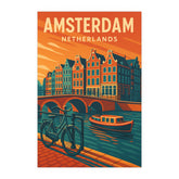 Amsterdam Netherlands Vintage Travel Poster | Retro Canal Bike Scene Wall Art | European City Print