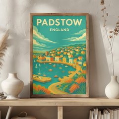 Framed artwork of Padstow, England on a shelf with decorative vases.